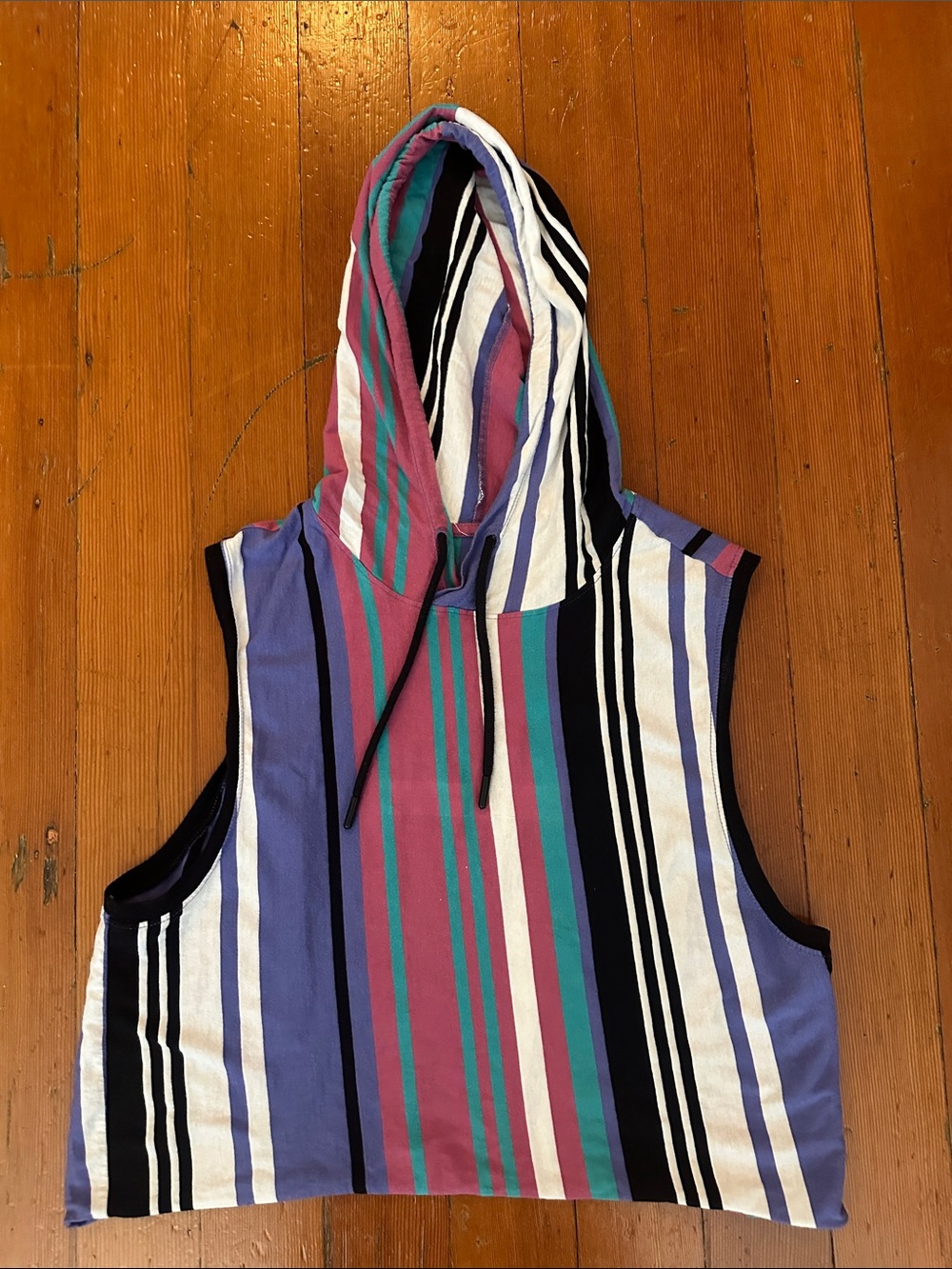 Cropped Striped Wide Arm Hole Sleeveless Hoodie Vertical Stripe Pink Teal Blue